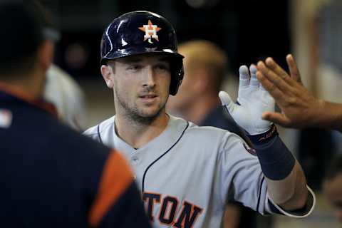 MILWAUKEE, WISCONSIN – SEPTEMBER 03: Alex Bregman #2 of the Houston Astros celebrates with teammates after hitting a home run in the sixth inning against the Milwaukee Brewers at Miller Park on September 03, 2019 in Milwaukee, Wisconsin. (Photo by Dylan Buell/Getty Images)