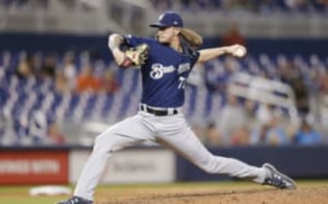 MIAMI, FLORIDA – SEPTEMBER 11: Josh Hader #71 of the Milwaukee Brewers delivers a pitch in the ninth inning against the Miami Marlins at Marlins Park on September 11, 2019 in Miami, Florida. (Photo by Michael Reaves/Getty Images)