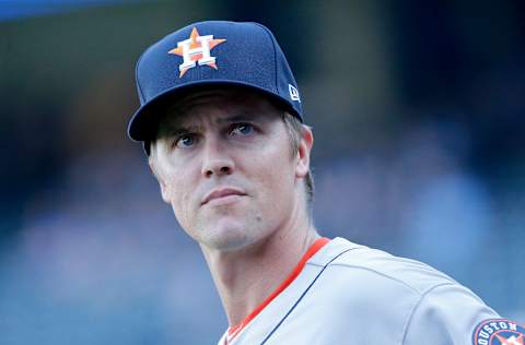 KANSAS CITY, MISSOURI – SEPTEMBER 14: Starting pitcher Zack Greinke #21 of the Houston Astros heads to the bullpen to begin his warmup at Kauffman Stadium before the game against his former team, the Kansas City Royals on September 14, 2019 in Kansas City, Missouri. (Photo by John Sleezer/Getty Images)