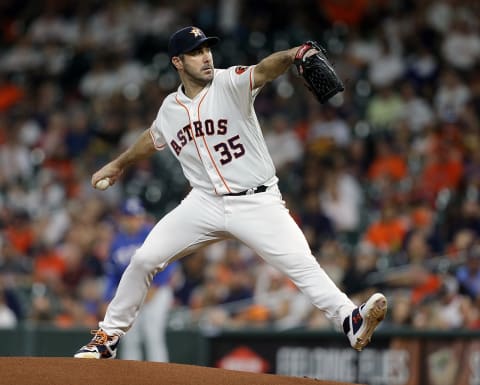 HOUSTON, TEXAS – SEPTEMBER 17: Justin Verlander #35 of the Houston Astros pitches in the first inning against the Texas Rangers at Minute Maid Park on September 17, 2019 in Houston, Texas. (Photo by Bob Levey/Getty Images)