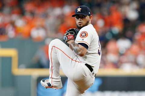 HOUSTON, TEXAS – OCTOBER 04: Roberto Osuna #54 of the Houston Astros delivers a pitch against the Tampa Bay Rays during the ninth inning in game one of the American League Division Series at Minute Maid Park on October 04, 2019 in Houston, Texas. (Photo by Tim Warner/Getty Images)