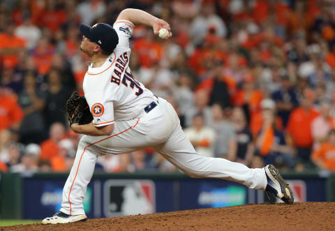 HOUSTON, TEXAS – OCTOBER 05: Pitcher Will Harris #36 of the Houston Astros delivers in the ninth inning of Game 2 of the ALDS against the Tampa Bay Rays at Minute Maid Park on October 05, 2019 in Houston, Texas. (Photo by Bob Levey/Getty Images)