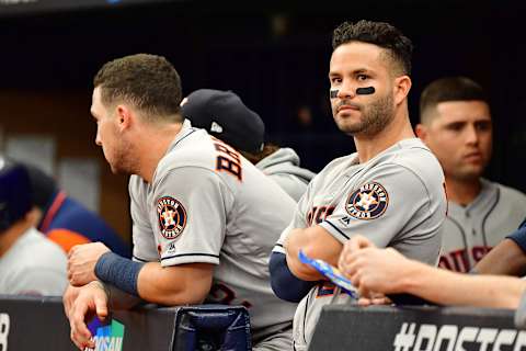 ST PETERSBURG, FLORIDA – OCTOBER 07: Jose Altuve #27 of the Houston Astros looks on against the Tampa Bay Rays during the sixth inning in Game Three of the American League Division Series at Tropicana Field on October 07, 2019 in St Petersburg, Florida. (Photo by Julio Aguilar/Getty Images)