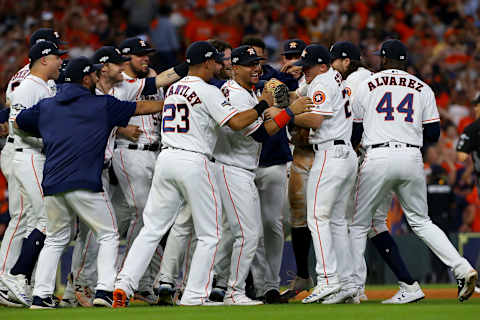 HOUSTON, TEXAS – OCTOBER 10: The Houston Astros celebrate after their 6-1 win over the Tampa Bay Rays in game five of the American League Division Series at Minute Maid Park on October 10, 2019 in Houston, Texas. (Photo by Bob Levey/Getty Images)