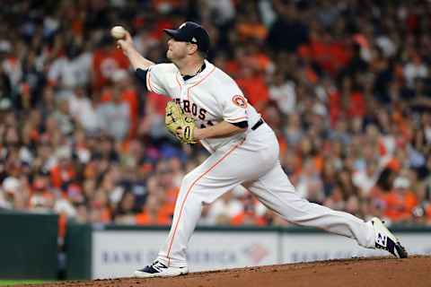 HOUSTON, TEXAS – OCTOBER 19: Brad Peacock #41 of the Houston Astros delivers the pitch against the New York Yankees during the second inning in game six of the American League Championship Series at Minute Maid Park on October 19, 2019 in Houston, Texas. (Photo by Elsa/Getty Images)