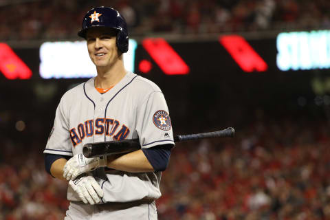 WASHINGTON, DC – OCTOBER 25: Zack Greinke #21 of the Houston Astros bats against the Washington Nationals in Game Three of the 2019 World Series at Nationals Park on October 25, 2019 in Washington, DC. (Photo by Patrick Smith/Getty Images)