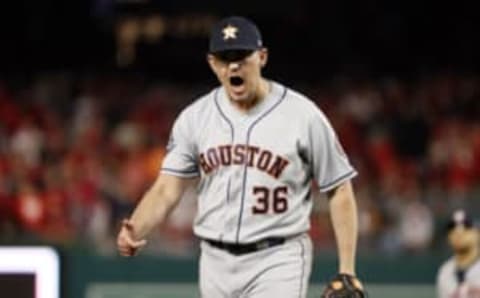 WASHINGTON, DC – OCTOBER 26: Will Harris #36 of the Houston Astros celebrates after retiring the side in the 6th inning against the Nationals in Game 4 of the 2019 World Series on October 26, 2019, in Washington, DC. (Photo by Patrick Smith/Getty Images)