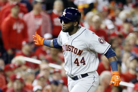 WASHINGTON, DC – OCTOBER 27: Yordan Alvarez #44 of the Houston Astros celebrates as he hits a two-run home run against the Washington Nationals during the second inning in Game Five of the 2019 World Series at Nationals Park on October 27, 2019 in Washington, DC. (Photo by Rob Carr/Getty Images)