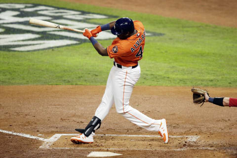 HOUSTON, TEXAS – OCTOBER 30: Yordan Alvarez #44 of the Houston Astros hits a single against the Washington Nationals during the second inning in Game Seven of the 2019 World Series at Minute Maid Park on October 30, 2019, in Houston, Texas. (Photo by Bob Levey/Getty Images)