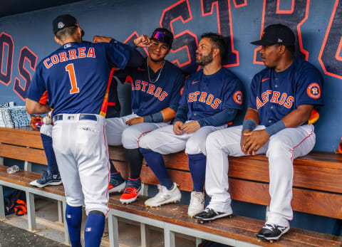 WEST PALM BEACH, FLORIDA – MARCH 10: Carlos Correa #1 of the Houston Astros gives the “elbow bump” instead of the high five to teammates because of Coronavirus during the spring training game against the at FITTEAM Ballpark of The Palm Beaches on March 10, 2020 in West Palm Beach, Florida. (Photo by Mark Brown/Getty Images)