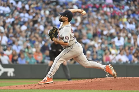 SEATTLE, WASHINGTON - JULY 22: Jose Urquidy #65 of the Houston Astros throws a pitch during the first inning against the Seattle Mariners at T-Mobile Park on July 22, 2022 in Seattle, Washington. (Photo by Alika Jenner/Getty Images)