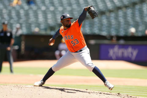 OAKLAND, CALIFORNIA - JULY 27: Cristian Javier #53 of the Houston Astros pitches against the Oakland Athletics at RingCentral Coliseum on July 27, 2022 in Oakland, California. (Photo by Lachlan Cunningham/Getty Images)