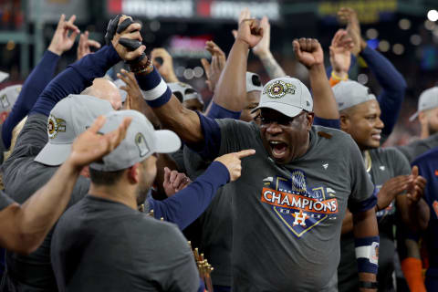 HOUSTON, TEXAS – NOVEMBER 05: Manager Dusty Baker Jr. of the Houston Astros celebrates after defeating the Philadelphia Phillies 4-1 to win the 2022 World Series in Game Six of the 2022 World Series at Minute Maid Park on November 05, 2022 in Houston, Texas. (Photo by Harry How/Getty Images)