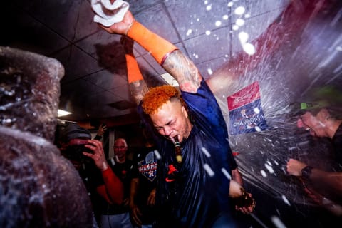 HOUSTON, TEXAS – NOVEMBER 05: Martin Maldonado #15 of the Houston Astros celebrates in the clubhouse after defeating the Philadelphia Phillies 4-1 to win the 2022 World Series in Game Six of the 2022 World Series at Minute Maid Park on November 05, 2022 in Houston, Texas. (Photo by Carmen Mandato/Getty Images)