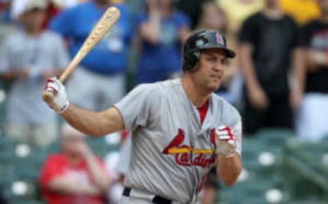 MILWAUKEE, WI – JULY 18: Lance Berkman #12 of the St. Louis Cardinals makes some contact at the plate against the Milwaukee Brewers at Miller Park on July 18, 2012 in Milwaukee, Wisconsin. (Photo by Mike McGinnis/Getty Images)