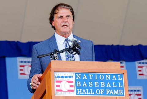 COOPERSTOWN, NY – JULY 27: Inductee Tony La Russa gives his speech at Clark Sports Center during the Baseball Hall of Fame induction ceremony on July 27, 2014 in Cooperstown, New York. La Russa managed for 33 seasons with 2,728 victories and led his teams to six pennants and three Worls Series titles. (Photo by Jim McIsaac/Getty Images)