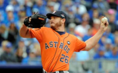 KANSAS CITY, MO – OCTOBER 09: Scott Kazmir #26 of the Houston Astros throws a pitch in the first inning against the Kansas City Royals during game two of the American League Division Series at Kauffman Stadium on October 9, 2015 in Kansas City, Missouri. (Photo by Ed Zurga/Getty Images)