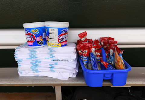 KISSIMMEE, FL – MARCH 11: A detailed view of a group of towels, Dubble Bubble chewing gum containers and packages of sunflower seeds sitting in the dugout prior to the Spring Training game between the Detroit Tigers and the Houston Astros at Osceola County Stadium on March 11, 2016 in Kissimmee, Florida. The Astros defeated the Tigers 10-4. (Photo by Mark Cunningham/MLB Photos via Getty Images)