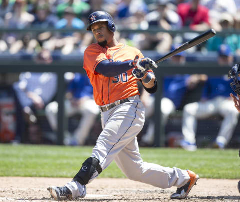 SEATTLE, WA – JULY 17: Carlos Gomez #30 of the Houston Astros takes a swing during an at-bat in a game against the Seattle Mariners at Safeco Field on July 17, 2015 in Seattle, Washington. The Astros won the game 8-1. (Photo by Stephen Brashear/Getty Images)