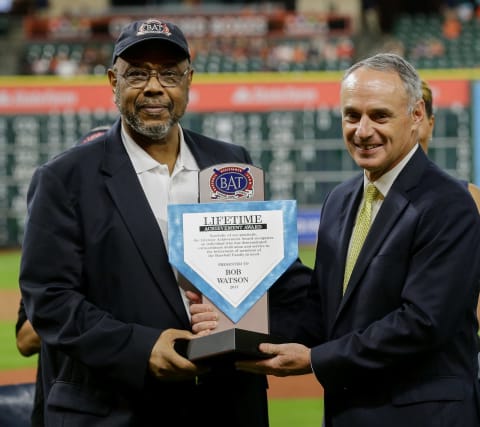 HOUSTON, TX – MAY 23: Major League Baseball commissioner Rob Manfred, right, presents Bob Watson with The Baseball Assistance Team (B.A.T.) prestigious Lifetime Achievement Award at Minute Maid Park on May 23, 2017 in Houston, Texas. (Photo by Bob Levey/Getty Images)