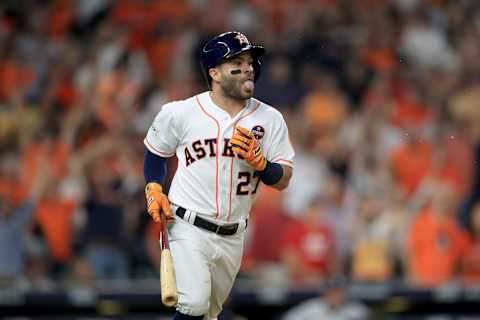 HOUSTON, TX – OCTOBER 21: Jose Altuve #27 of the Houston Astros celebrates after hitting a solo home run against Tommy Kahnle #48 of the New York Yankees during the fifth inning in Game Seven of the American League Championship Series at Minute Maid Park on October 21, 2017 in Houston, Texas. (Photo by Ronald Martinez/Getty Images)