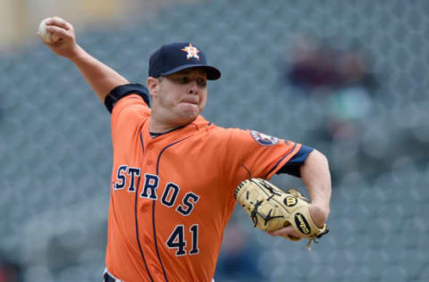 MINNEAPOLIS, MN – APRIL 11: Brad Peacock #41 of the Houston Astros delivers a pitch against the Minnesota Twins during the ninth inning of the game on April 11, 2018 at Target Field in Minneapolis, Minnesota. The Twins defeated the Astros 9-8. (Photo by Hannah Foslien/Getty Images)