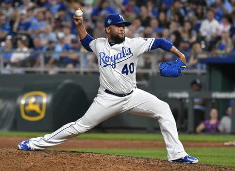 KANSAS CITY, MO – MAY 15: Kelvin Herrera #40 of the Kansas City Royals pitches in the ninth inning against the Tampa Bay Rays at Kauffman Stadium on May 15, 2018 in Kansas City, Missouri. (Photo by Ed Zurga/Getty Images)