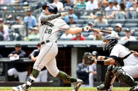 NEW YORK, NY – MAY 28: J.D. Davis #28 of the Houston Astros hits a three run home run in the second inning against the New York Yankees at Yankee Stadium on May 28, 2018 in the Bronx borough of New York City. MLB players across the league are wearing special uniforms to commemorate Memorial Day. (Photo by Elsa/Getty Images)