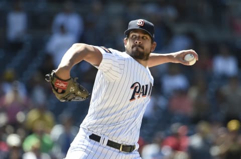 SAN DIEGO, CA – JUNE 6: Brad Hand #52 of the San Diego Padres pitches during the ninth inning of a baseball game against the Atlanta Braves at PETCO Park on June 6, 2018 in San Diego, California. (Photo by Denis Poroy/Getty Images)