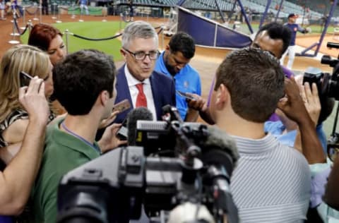 HOUSTON, TX – JULY 11: Houston Astros general manager Jeff Luhnow speaks with the media about the demotion of closer Ken Giles to Triple-A Fresno after his meltdown in the ninth inning against the Oakland Athletics on Tuesday night at Minute Maid Park on July 11, 2018 in Houston, Texas. (Photo by Bob Levey/Getty Images)