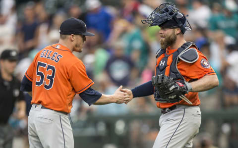 SEATTLE, WA – SEPTEMBER 4: Relief pitcher Ken Giles #53 of the Houston Astros shakes hands with catcher Brian McCann #16 of the Houston Astros after a game against the Seattle Mariners at Safeco Field on September 4, 2017 in Seattle, Washington. The Astros won the game 6-2.(Photo by Stephen Brashear/Getty Images)