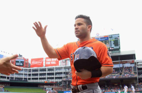 ARLINGTON, TX – SEPTEMBER 27: Altuve #27 of the Houston Astros celebrates after scoring a run against the Texas Rangers at Globe Life Park in Arlington on September 27, 2017 in Arlington, Texas. (Photo by Ronald Martinez/Getty Images)