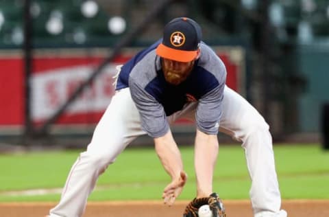 HOUSTON, TX – JULY 18: Colin Moran of the Houston Astros takes infield before batting practice at Minute Maid Park on July 18, 2017 in Houston, Texas. Moran was brought up from Triple-A Fresno to take the roster spot of Carlos Correa who was put on the disabled list with a torn ligament in his left thumb and expected to be out six to eight weeks. (Photo by Bob Levey/Getty Images)