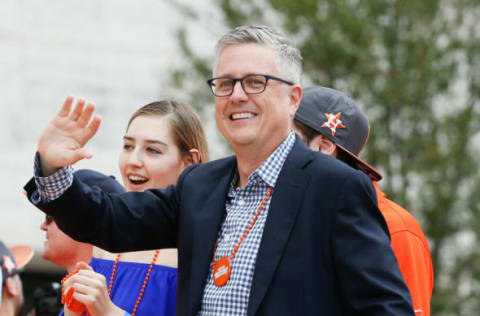 HOUSTON, TX – NOVEMBER 03: Houston Astros general manager Jeff Luhnow waves to the crowd during the Houston Astros Victory Parade on November 3, 2017 in Houston, Texas. The Astros defeated the Los Angeles Dodgers 5-1 in Game 7 to win the 2017 World Series. (Photo by Bob Levey/Getty Images)