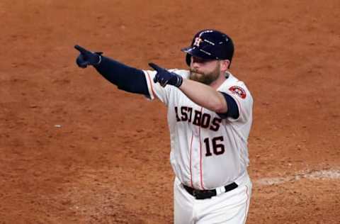 HOUSTON, TX – OCTOBER 29: Brian McCann #16 of the Houston Astros reacts after hitting a solo home run during the eighth inning against the Los Angeles Dodgers in game five of the 2017 World Series at Minute Maid Park on October 29, 2017 in Houston, Texas. (Photo by Tom Pennington/Getty Images)