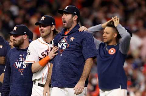 HOUSTON, TX – OCTOBER 30: Justin Verlander #35 of the Houston Astros celebrates with Josh Reddick #22 after defeating the Los Angeles Dodgers during the tenth inning in game five of the 2017 World Series at Minute Maid Park on October 30, 2017 in Houston, Texas. The Astros defeated the Dodgers 13-12. (Photo by Christian Petersen/Getty Images)