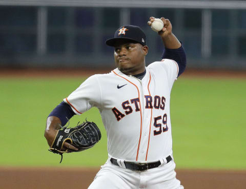 HOUSTON, TEXAS – SEPTEMBER 17: Framber Valdez #59 of the Houston Astros pitches in the first inning against the Texas Rangers at Minute Maid Park on September 17, 2020 in Houston, Texas. (Photo by Bob Levey/Getty Images)