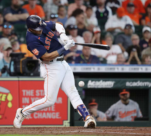 Jeremy Pena #3 of the Houston Astros hits a soft ground ball back to the pitcher in the third inning against the Baltimore Orioles at Minute Maid Park on August 28, 2022 in Houston, Texas. (Photo by Bob Levey/Getty Images)