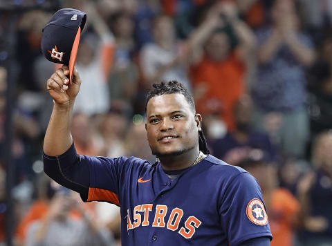 Framber Valdez #59 of the Houston Astros tips hat to the crowd as he set a new Major League Baseball record of 25 straight quality starts against the Oakland Athletics at Minute Maid Park on September 18, 2022 in Houston, Texas. (Photo by Bob Levey/Getty Images)