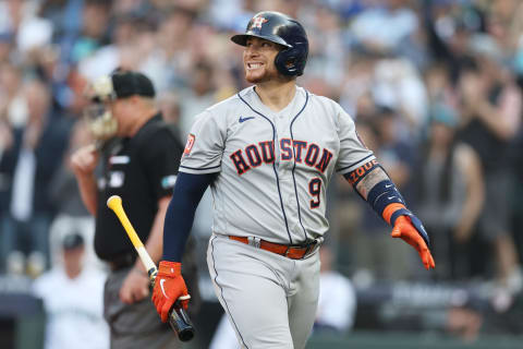 Christian Vazquez #9 of the Houston Astros strikes out during the ninth inning against the Seattle Mariners in game three of the American League Division Series at T-Mobile Park on October 15, 2022 in Seattle, Washington. (Photo by Rob Carr/Getty Images)