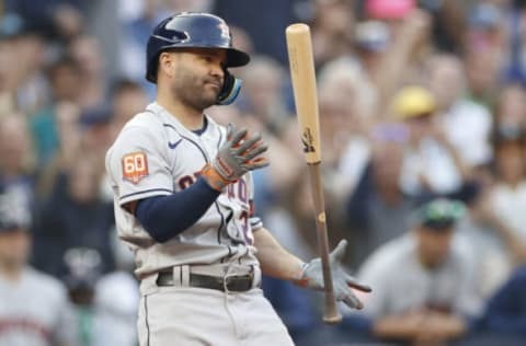 Jose Altuve #27 of the Houston Astros strikes out during the twelfth inning against the Seattle Mariners in game three of the American League Division Series at T-Mobile Park on October 15, 2022 in Seattle, Washington. (Photo by Steph Chambers/Getty Images)