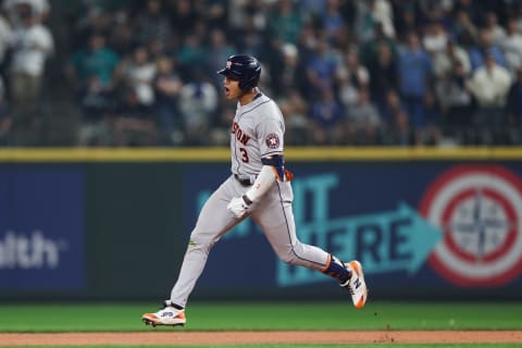 Jeremy Pena #3 of the Houston Astros reacts after hitting a solo home run during the eighteenth inning against the Seattle Mariners in game three of the American League Division Series at T-Mobile Park on October 15, 2022 in Seattle, Washington. (Photo by Rob Carr/Getty Images)