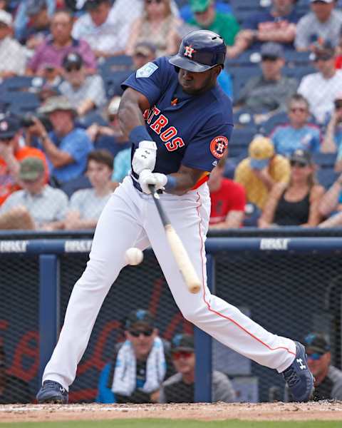 WEST PALM BEACH, FL – MARCH 14: Yordan Alvarez #72 of the Houston Astros hits the ball against the Miami Marlins during a spring training game at The Fitteam Ballpark of the Palm Beaches on March 14, 2019 in West Palm Beach, Florida. (Photo by Joel Auerbach/Getty Images)