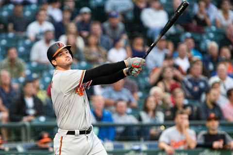 SEATTLE, WA – SEPTEMBER 04: Trey Mancini #16 of the Baltimore Orioles follows through on a strike during the first inning against the Seattle Mariners at Safeco Field on September 4, 2018 in Seattle, Washington. (Photo by Lindsey Wasson/Getty Images)