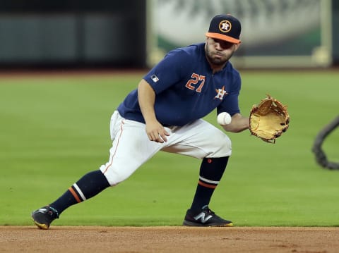 HOUSTON, TEXAS – MAY 07: Jose Altuve #27 of the Houston Astros takes infield practice before playing the Kansas City Royals at Minute Maid Park on May 07, 2019 in Houston, Texas. (Photo by Bob Levey/Getty Images)