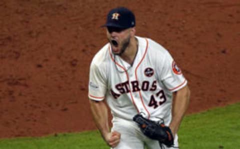 HOUSTON, TEXAS – OCTOBER 21: Lance McCullers Jr. #43 of the Houston Astros reacts after striking out Aaron Judge #99 of the New York Yankees in the eighth inning of Game Seven of the American League Championship Series at Minute Maid Park on October 21, 2017 in Houston, Texas. (Photo by Bob Levey/Getty Images)