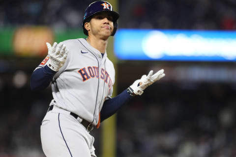 Oct 23, 2022; Bronx, New York, USA; Houston Astros shortstop Jeremy Pena (3) rounds the bases after hitting a three run home run against the New York Yankees in the third inning during game four of the ALCS for the 2022 MLB Playoffs at Yankee Stadium. Mandatory Credit: Wendell Cruz-USA TODAY Sports