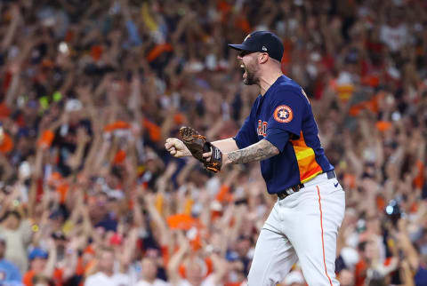 Nov 5, 2022; Houston, Texas, USA; Houston Astros relief pitcher Ryan Pressly (55) reacts after the Astros defeated the Philadelphia Phillies in game six and winning the 2022 World Series at Minute Maid Park. Mandatory Credit: Troy Taormina-USA TODAY Sports