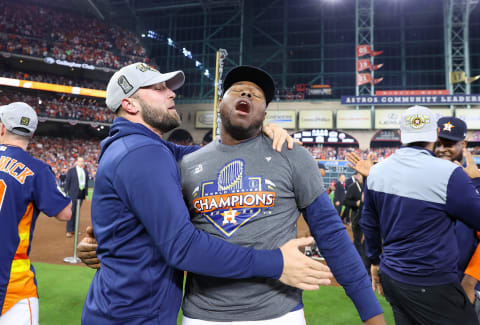 Nov 5, 2022; Houston, Texas, USA; Houston Astros relief pitcher Hector Neris (50) celebrates after the Astros defeated the Philadelphia Phillies in game six winning the 2022 World Series at Minute Maid Park. Mandatory Credit: Troy Taormina-USA TODAY Sports