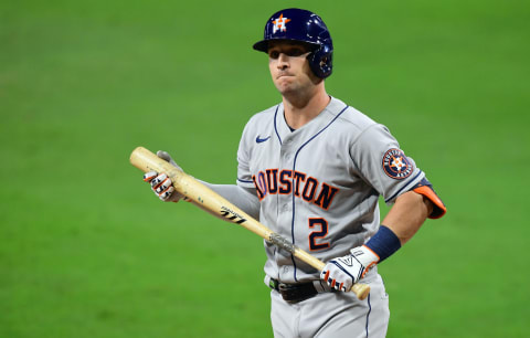 Oct 11, 2020; San Diego, California, USA; Houston Astros third baseman Alex Bregman (2) reacts after striking out during the eighth inning against the Tampa Bay Rays in game one of the 2020 ALCS at Petco Park. Mandatory Credit: Jayne Kamin-Oncea-USA TODAY Sports